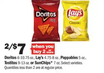 Meijer Doritos 6-10.75 oz., lay's 4.75-8 oz., poppables 5 oz., tostitos 9-13 oz. or sunchips* 7 oz offer