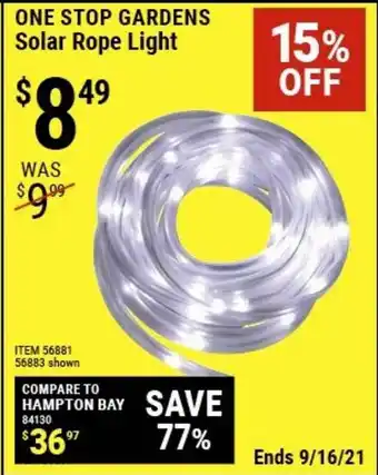 Harbor Freight Tools One Stop Gardens Solar Rope Light 15% Off offer