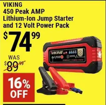 Harbor Freight Tools Viking 450 Peak AMP Lithium-Ion Jump Starter And 12 Volt Power Pack 16% Off offer