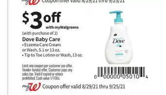 Walgreens Dove Baby Care Eczema Care Cream Or Wash Or Tip To Toe Lotion Or Wash offer