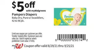 Walgreens Pampers Diapers Baby Dry, Pure Or Swaddlers offer