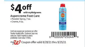 Walgreens Aspercreme Foot Care Powder Spray Or Creme offer