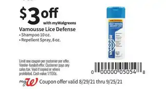 Walgreens Vamousse Lice Defense Shampoo Or Repellent Spray offer