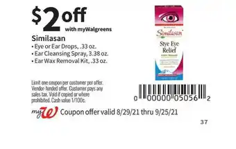 Walgreens Similasan Eye Or Ear Drops, Ear Cleansing Spry Or Ear Wax Removal Kit offer