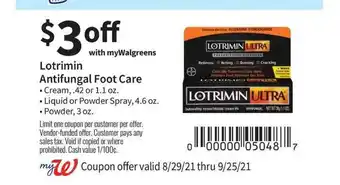 Walgreens Lotrimin Antifungal Foot Care Cream, Liquid Or Powder Spray Or Powder offer