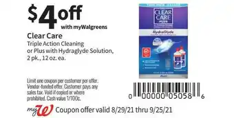 Walgreens Clear Care Triple Action Cleaning Or Plus With Hydraglyde Solution offer