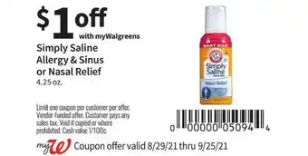 Walgreens Simply Saline Allergy & Sinus Or Nasal Relief offer