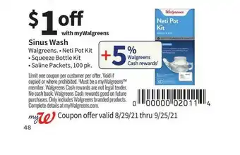 Walgreens Sinus Wash Walgreens Neti Pot Kit, Squeeze Bottle Kit Or Saline Packets offer