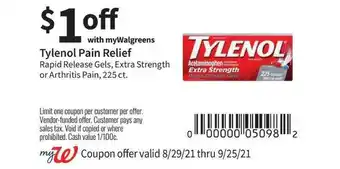 Walgreens Tylenol Pain Relief Rapid Release Gels, Extra Strength Or Arthritis Pain offer