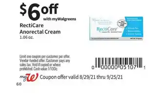 Walgreens RectiCare Anorectal Cream offer