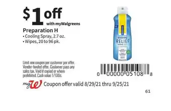Walgreens Preparation H Cooling Spray Or Wipes offer