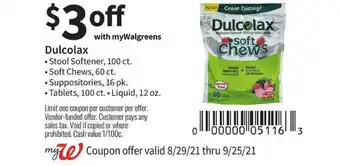 Walgreens Dulcolax Stool Softener, Soft Chews, Suppositories, Tablets Or Liquid offer