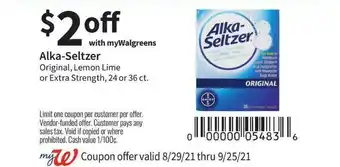 Walgreens Alka-Seltzer Original, Lemon Lime Or Extra Strength offer