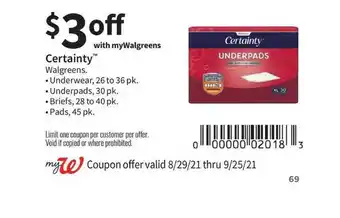 Walgreens Certainty™ Walgreens Underwear, Underpads, Briefs Or Pads offer