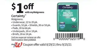 Walgreens Certainty™ Walgreens Underwear, Guards, Shields, Pads, Underpads Or Briefs offer