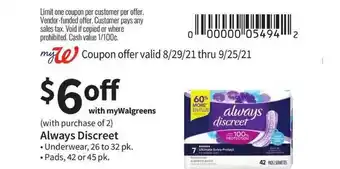 Walgreens Always Discreet Underwear Or Pads offer
