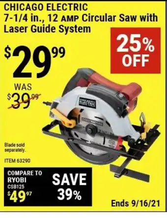 Harbor Freight Tools Chicago Electric 7-1-4 In., 12 AMP Circular Saw With Laser Guide System 25% Korting offer