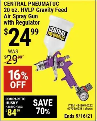Harbor Freight Tools Central Pneumatuc 20 Oz. HVLP Gravity Feed Air Spray Gun With Regulator 16% Off offer