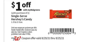 Walgreens Single-Serve Hershey's Candy offer