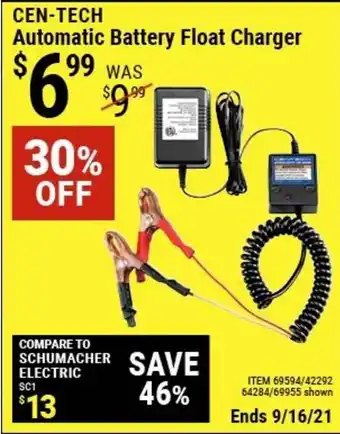 Harbor Freight Tools Cen-Tech Automatic Battery Float Charger 30% Off offer