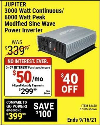 Harbor Freight Tools Jupiter 3000 Watt Continuous- 6000 Watt Peak Modified Sine Wave Power Inverter offer