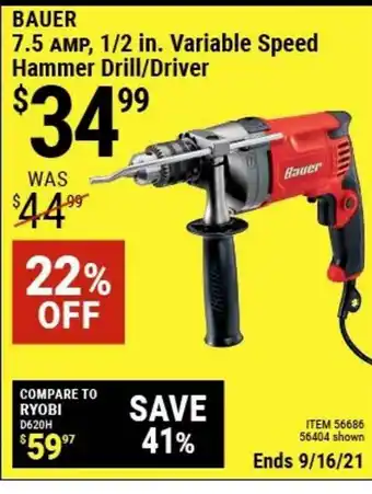 Harbor Freight Tools Bauer 7.5 AMP, 1-2 In. Variable Speed Hammer Drill-Driver offer
