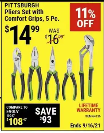 Harbor Freight Tools Pittsburgh Pliers Set With Comfort Grips, 5 Pc. 11% Off offer
