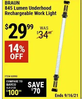 Harbor Freight Tools Braun 845 Lumen Underhood Rechargeable Work Light 14% Off offer
