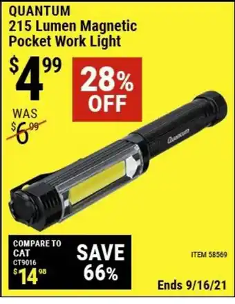 Harbor Freight Tools Quantum 215 Lumen Magnetic Pocket Work Light 28% Off offer