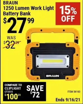 Harbor Freight Tools Braun 1250 Lumen Work Light Battery Bank 15% Off offer