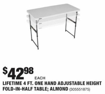 The Home Depot Lifetime 4 Ft. One Hand Adjustable Height Fold-In-Half Table Almond offer