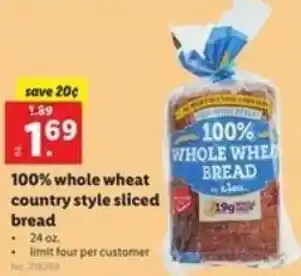 Lidl 100% Whole Wheat Country Style Sliced Bread 24 oz offer