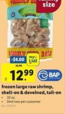 Lidl Frozen Large Raw Shrimp, Shell-On & Deveined, Tail-On offer