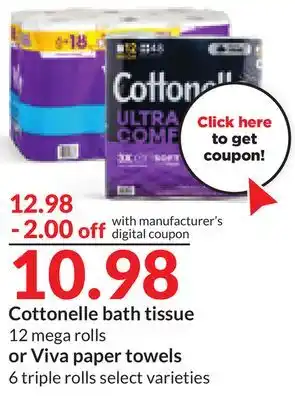 Hy-Vee Cottonelle bath tissue 12 mega rolls or viva paper towels 6 triple rolls offer