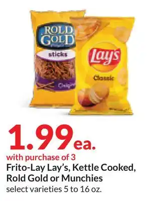 Hy-Vee Frito-lay lay's, kettle cooked, rold gold or munchies offer