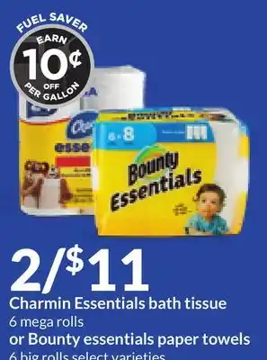 Hy-Vee Charmin essentials bath tissue 6 mega rolls or bounty essentials paper towels 6 big rolls offer