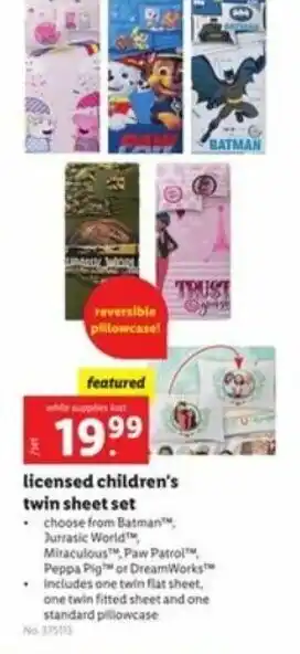Lidl Licensed Children's Twim Sheet Set offer