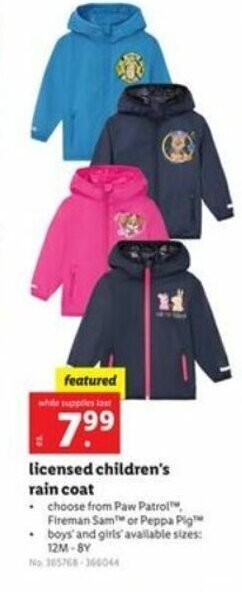 Lidl Licensed Children's Rain Coat offer