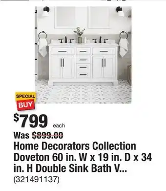 The Home Depot Home decorators collection doveton 60 in. w x 19 in. d x 34 in. h double sink bath vanity in white with white engineered marb offer