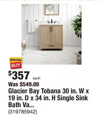 The Home Depot Glacier bay tobana 30 in. w x 19 in. d x 34 in. h single sink bath vanity in weathered tan with white engineered marble top offer
