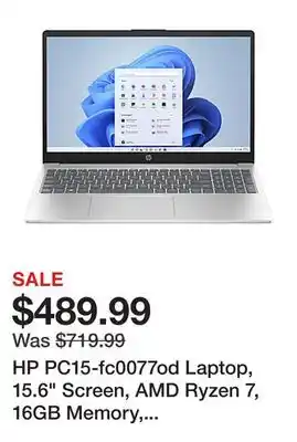 Office Depot Hp pc15-fc0077od laptop, 15.6 screen, amd ryzen 7, 16gb memory, 256gb solid state drive, wi-fi 6, windows 11 offer