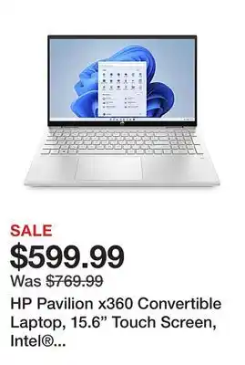 Office Depot Hp pavilion x360 convertible laptop, 15.6 touch screen, intel core i5, 8gb memory, 256gb solid state drive, wi-fi 6, windows offer