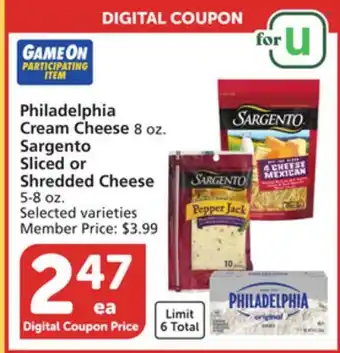 Albertsons Philadelphia cream cheese 8 oz. sargento sliced or shredded cheese 5-8 oz offer