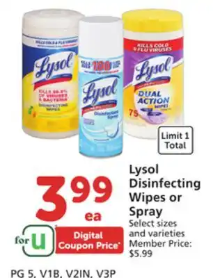 Albertsons Lysol disinfecting wipes or spray offer