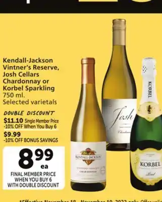 Vons Kendall-jackson vintner's reserve, josh cellars chardonnay or korbel sparkling offer