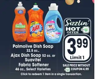 Jewel-Osco Palmolive dish soap 32.5 oz., ajax dish soap 52 oz. or suavitel fabric softener 46 oz offer