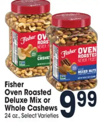 Jewel-Osco Fisher oven roasted deluxe mix or whole cashews offer
