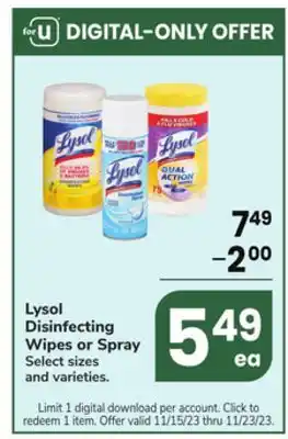 Jewel-Osco Lysol disinfecting wipes or spray offer