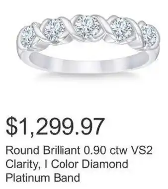 Costco Round Brilliant 0.90 ctw VS2 Clarity, I Color Diamond Platinum Band offer
