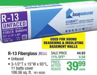 Menards R-13 ecobatt unfaced fiberglass insulation batt 3-1/2 x 15 x 93 offer